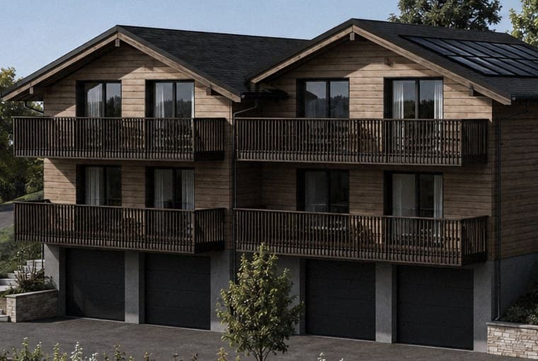 Facciata sud vista di fronte: i due edifici contigui, rivestimento in legno orizzontale, balconi continui su due livelli e zoccolo in calcestruzzo con le quattro porte dei garage.